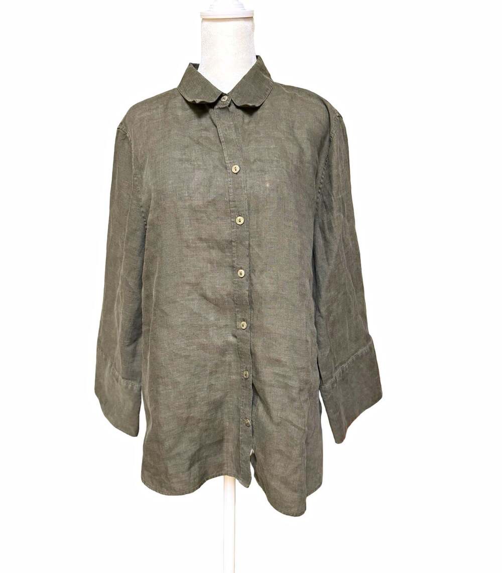 Chico's Green Linen Button-Down Shirt Size 2 Solid Collared 3/4 Sleeve